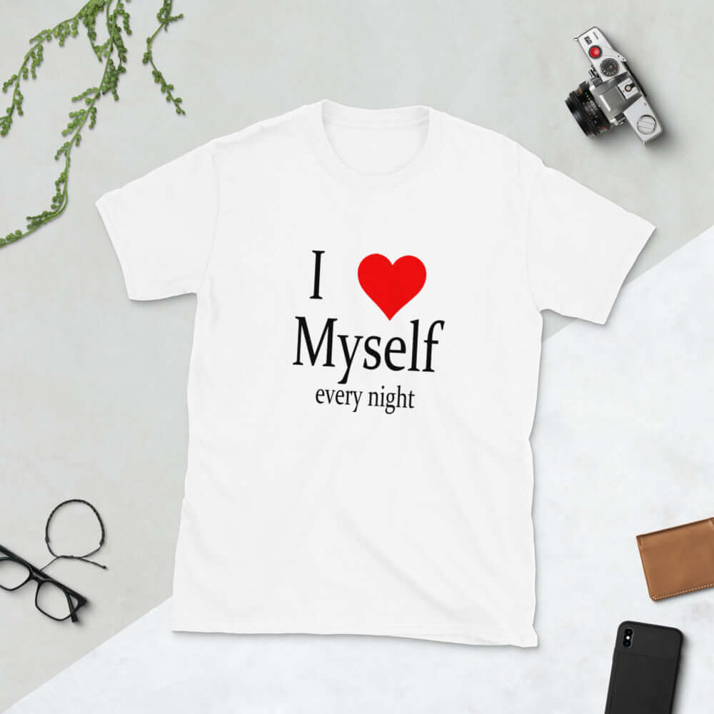 White t-shirt with the phrase I heart myself every night printed on the front.