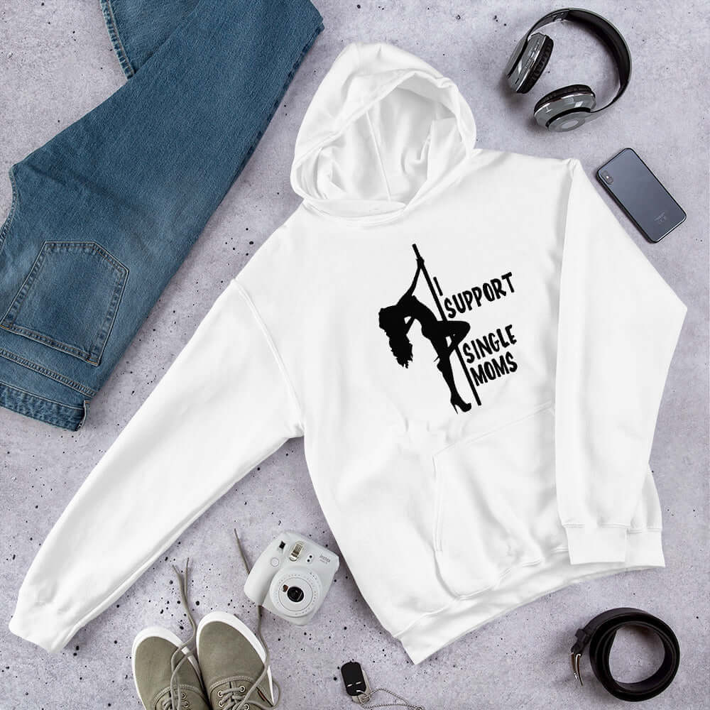 White hoodie sweatshirt with image of pole dancer and the words I support single moms printed on the front.