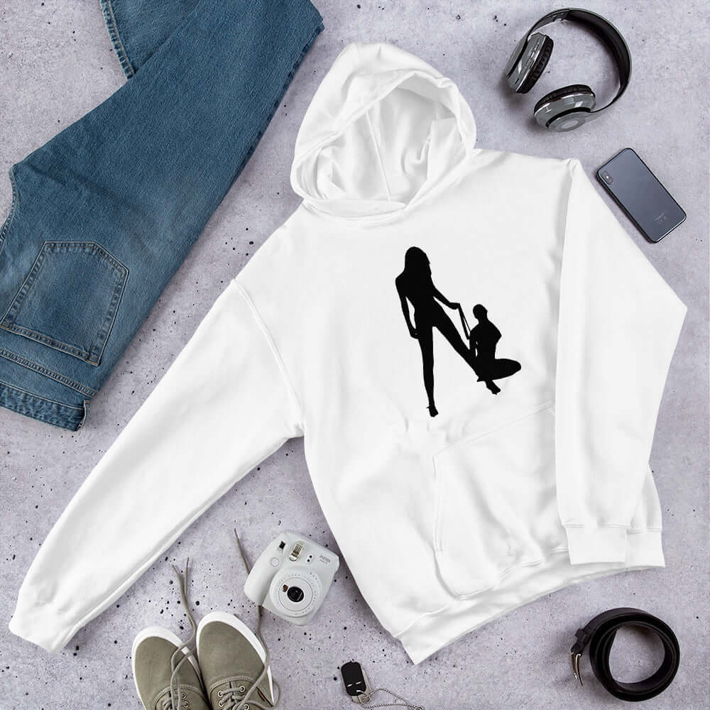 White hoodie sweatshirt with a silhouette image of 2 women in a lesbian BDSM scene. 1 woman is on her knees and the other has her on a leash. The graphic is printed on the front of the hoodie.