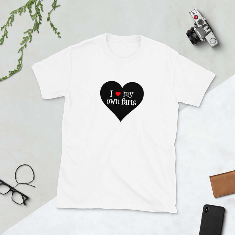 White t-shirt with I heart my own farts printed on the front. The words are printed inside of a larger heart image.