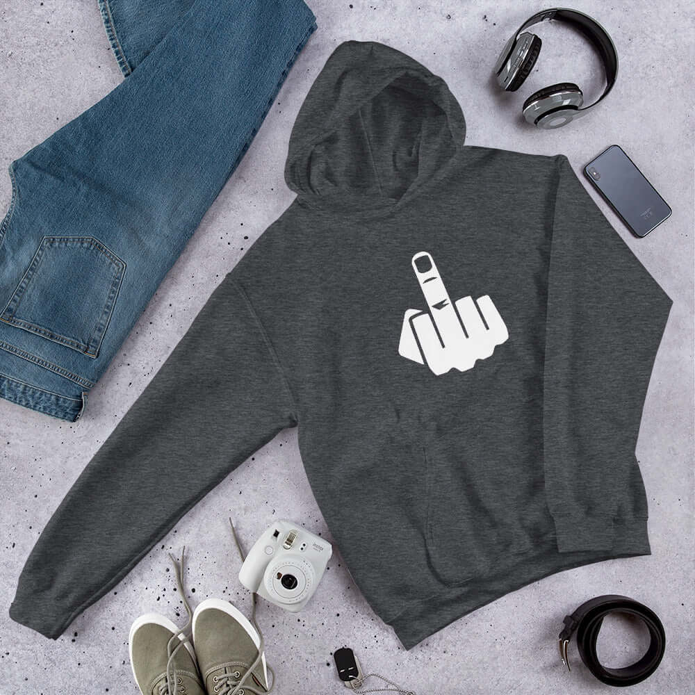 Dark grey hoodie sweatshirt with an image of middle finger silhouette printed on the front.