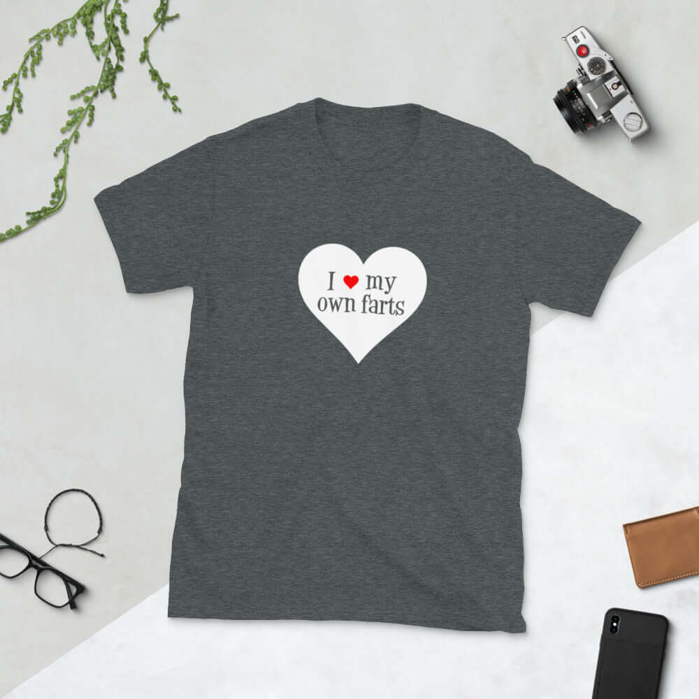 Dark heather grey t-shirt with I heart my own farts printed on the front. The words are printed inside of a larger heart image.