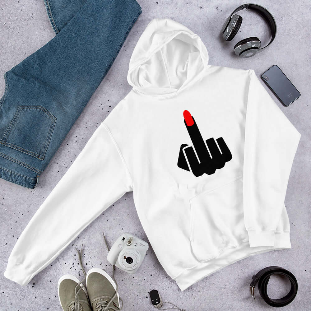 White hoodie sweatshirt with an image of a middle finger with long red fingernail silhouette printed on the front.