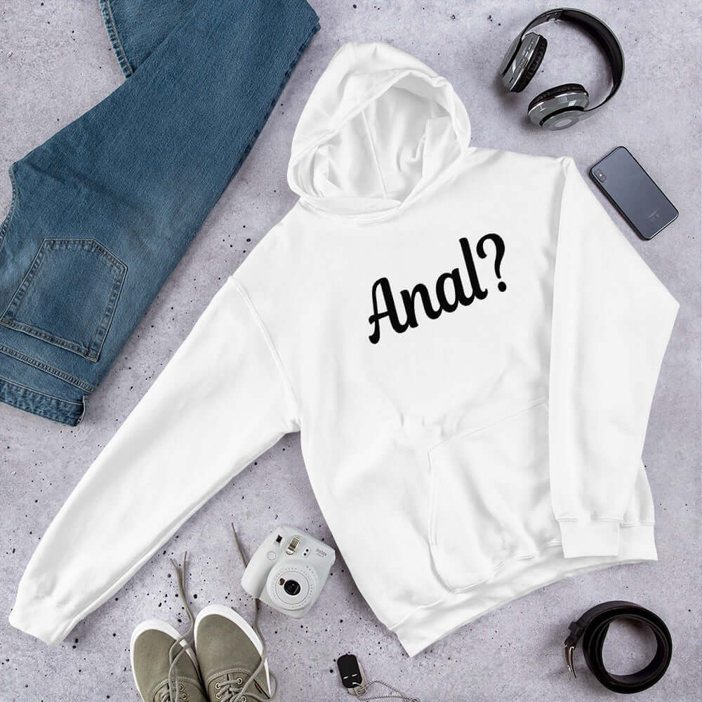 white hoodie hooded sweatshirt that says anal ? on it