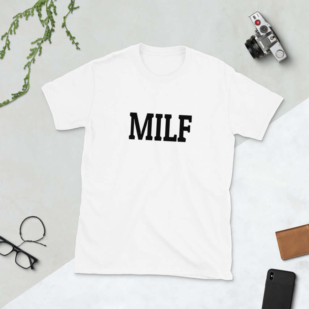 White t-shirt with the acronym MILF printed on the front.