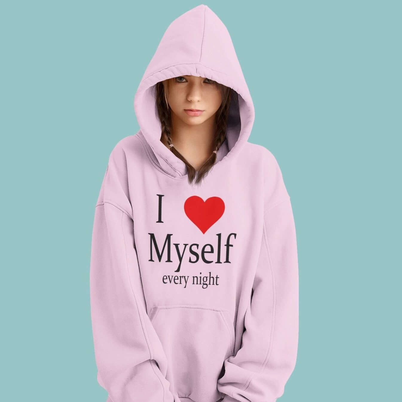 girl wearing pink hoodie with masturbation joke printed on it