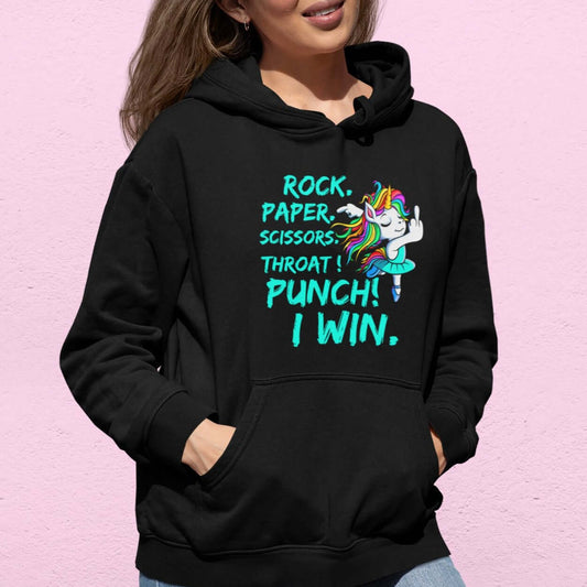 Funny unicorn hoodie. Rock paper scissors game. Throat punch I win.