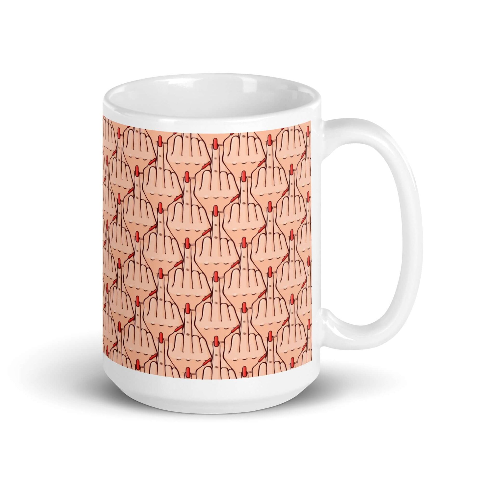 White ceramic mug with graphic of Caucasian womans hand flipping the middle finger. The finger has a long red fingernail. The graphic is overlapping and printed all over.