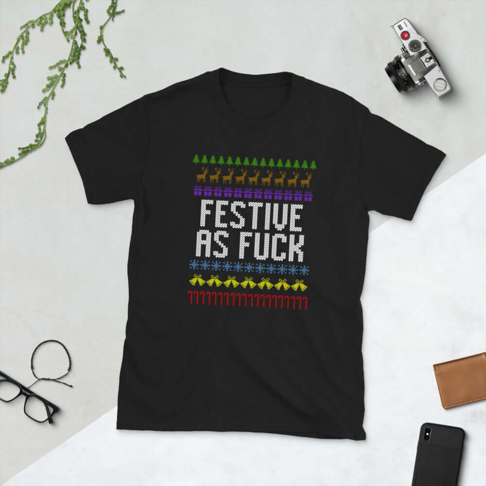 Festive as fuck funny ugly Christmas sweater knit print t-shirt