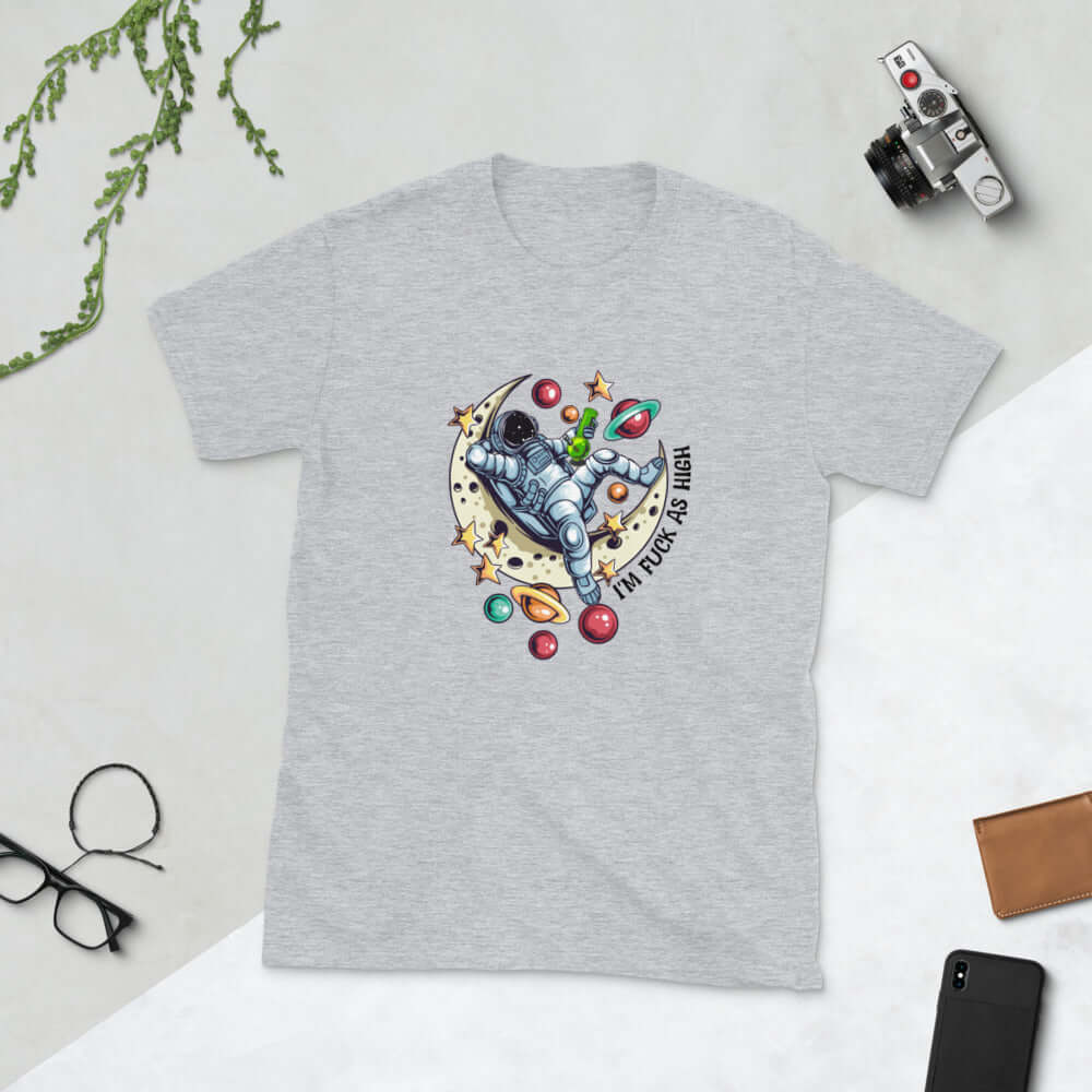 Light sport grey t-shirt with graphic of an astronaut sitting on the moon while smoking a bong with the words I'm fuck as high printed on the front.