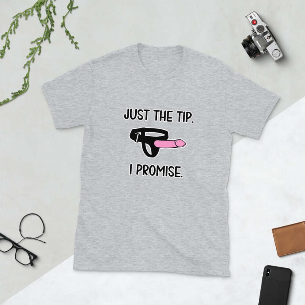 Light grey t-shirt that has an image of a strap-on dildo and the words Just the tip, I promise printed on the front. The graphics are pink, black and white.