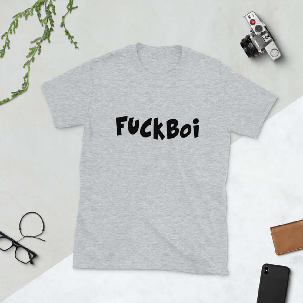 Light grey t-shirt with the word Fuckboi printed on the front.