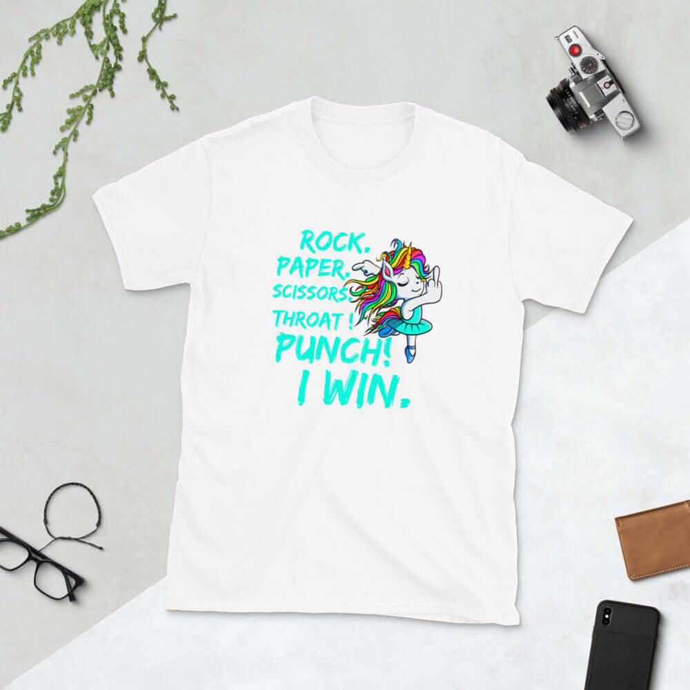 Rock, paper, scissors throat punch funny unicorn T-shirt