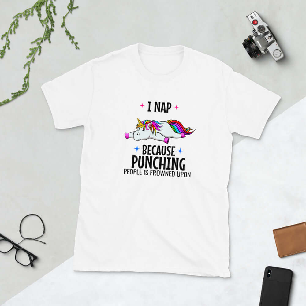 I nap because punching people is frowned upon funny unicorn t-shirt