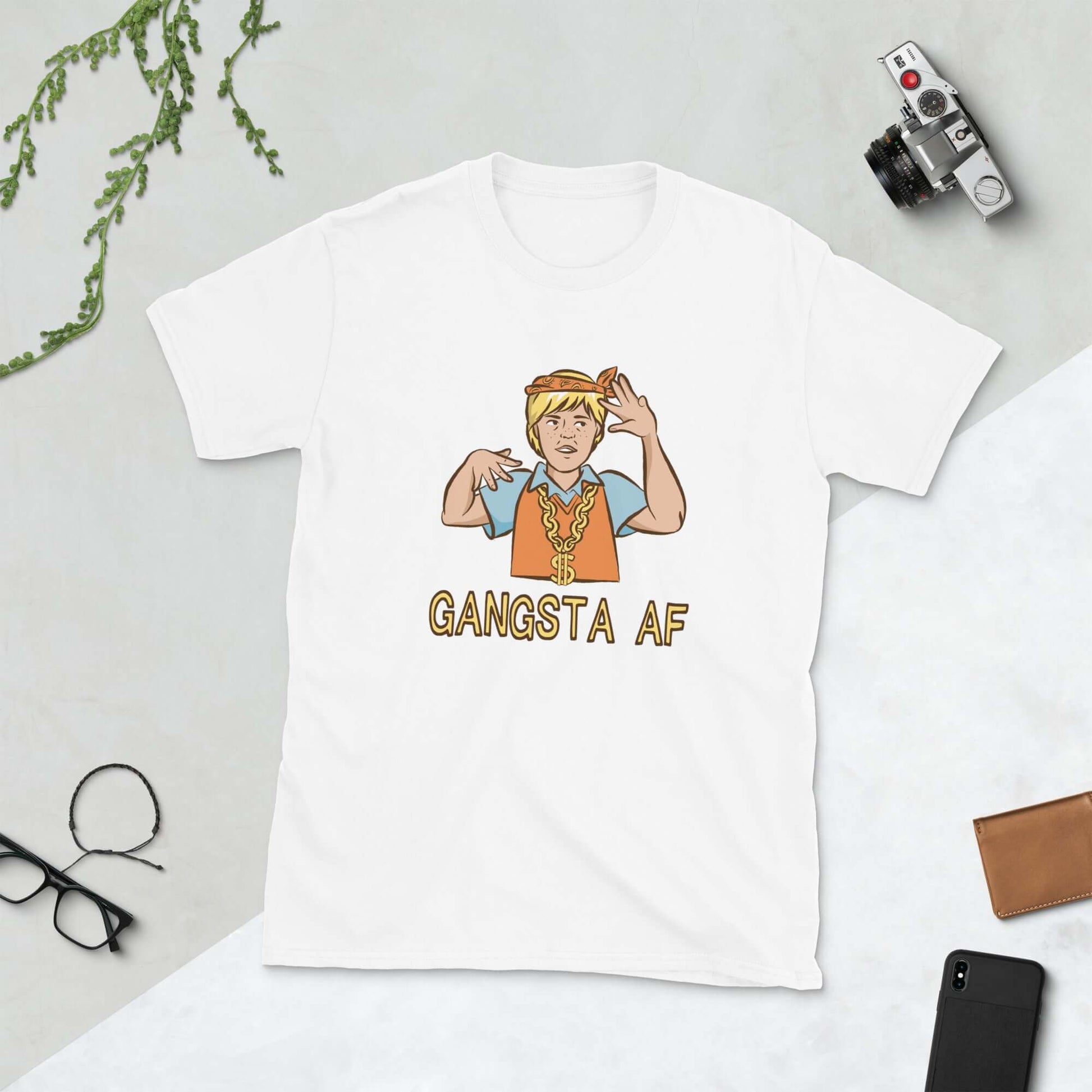 White t-shirt with a parody image of a blond haired child trying to be a gangster with the words Gangsta AF printed on the front.