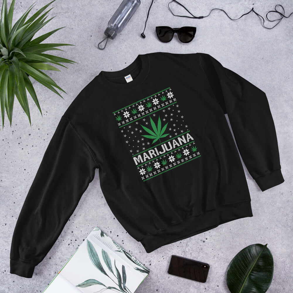 Marijuana ugly Christmas sweater print long sleeve crewneck sweatshirt