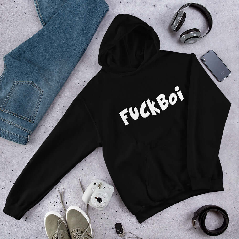 Black hoodie sweatshirt with the word Fuckboi printed on the front.