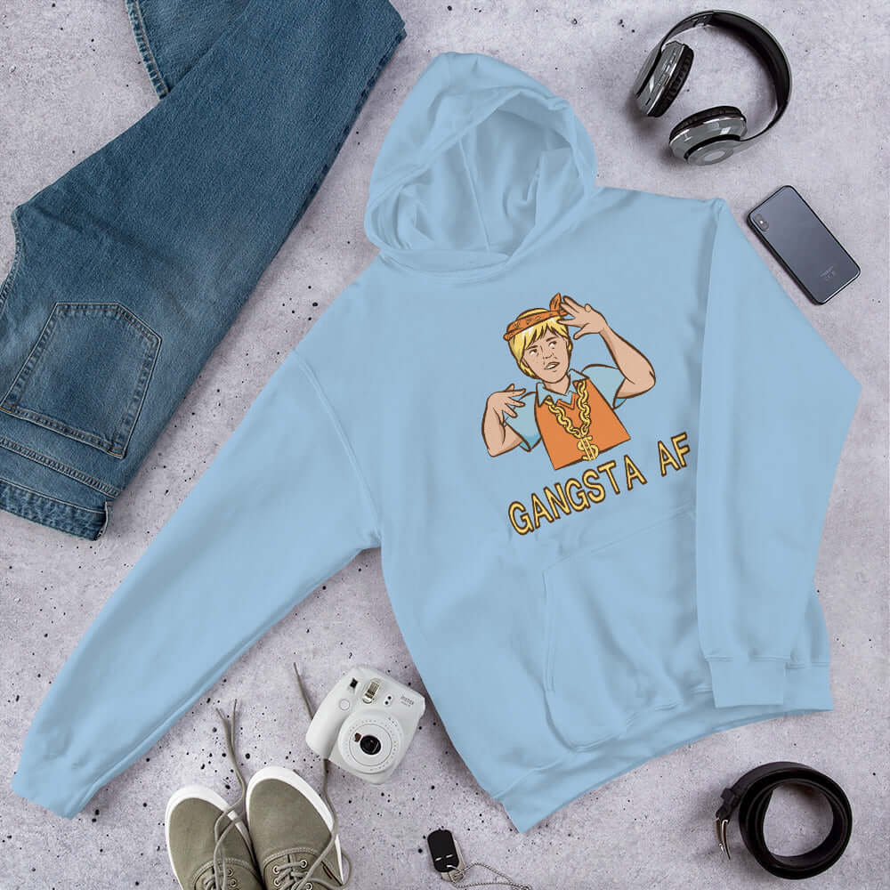 Light blue hoodie sweatshirt with a parody image of a blond haired child trying to be a gangster with the words Gangsta AF printed on the front.