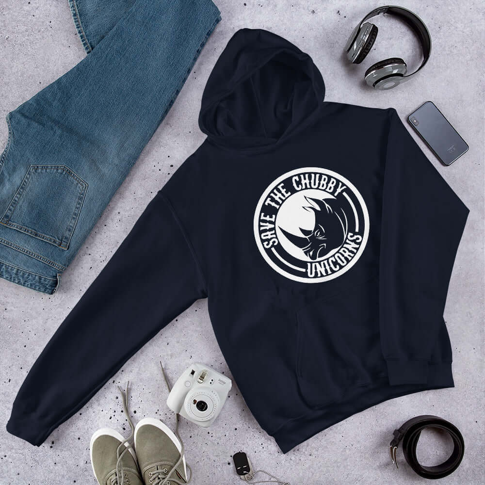 Navy blue hoodie sweatshirt with a funny graphic of a rhinoceros & the words Save the chubby unicorns printed on the front.