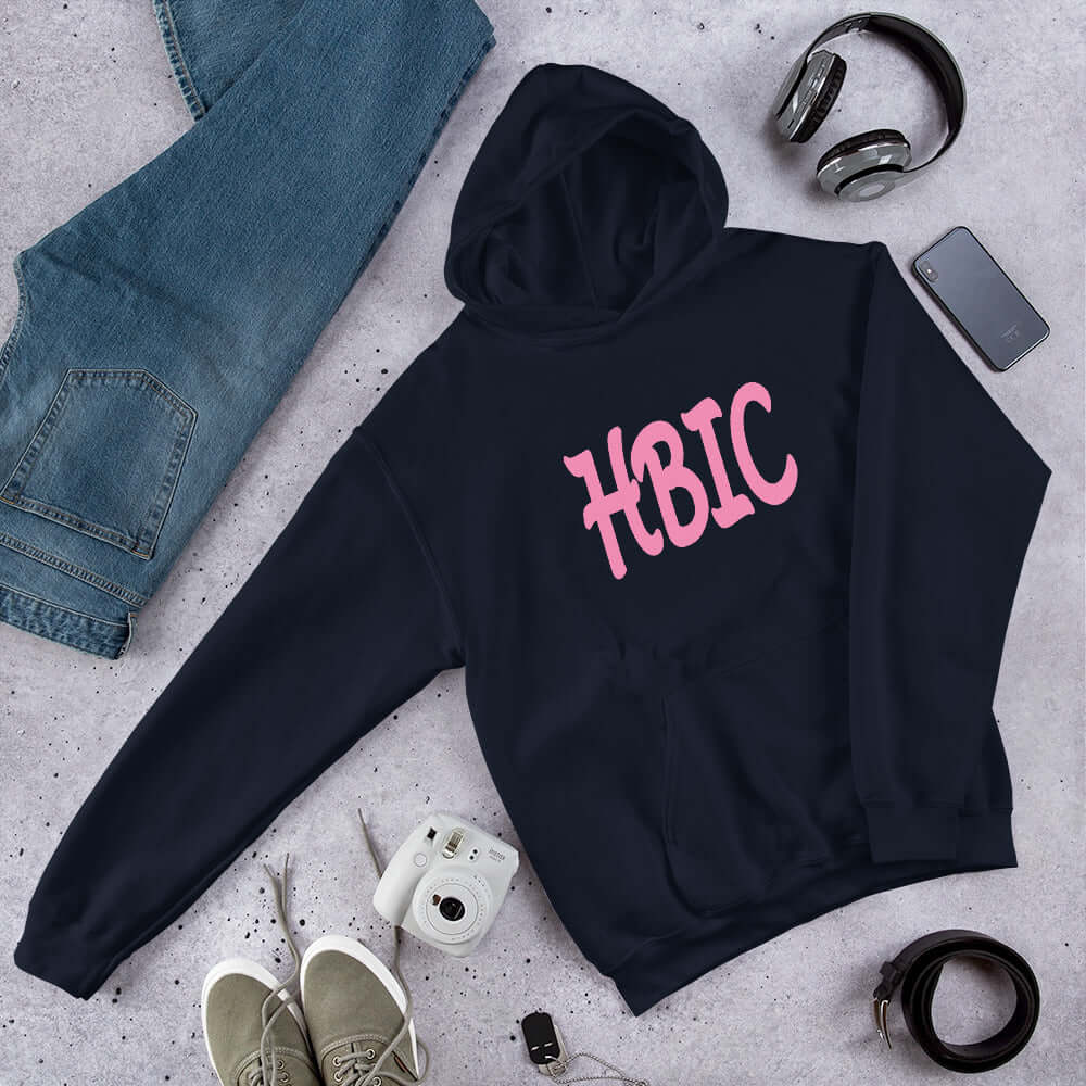 Navy blue hooded sweatshirt with the acronym HBIC printed on the front in pink text.