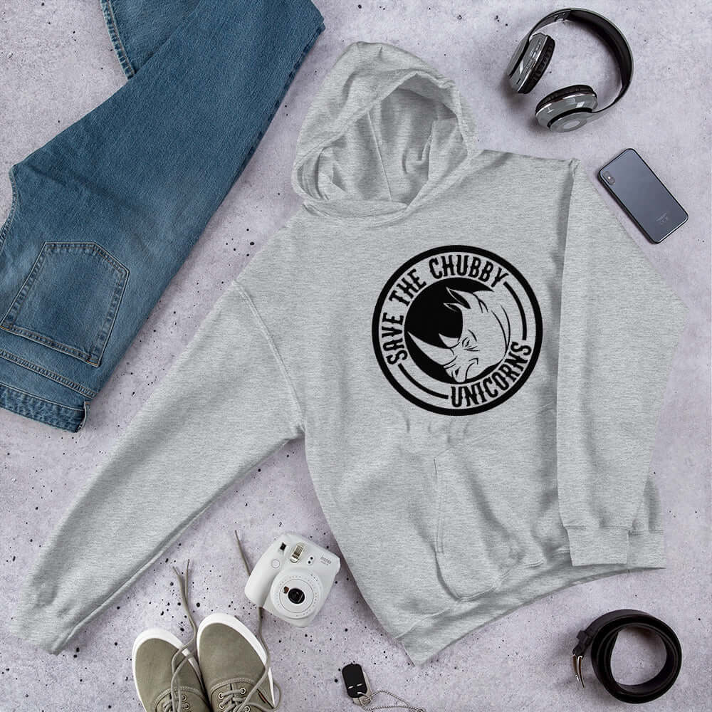 Light grey hoodie sweatshirt with a funny graphic of a rhinoceros & the words Save the chubby unicorns printed on the front.