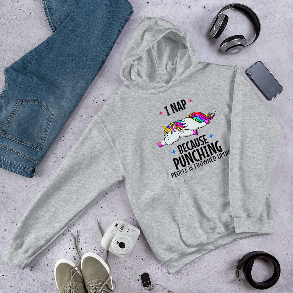 I nap because punching people is frowned upon funny unicorn hoodie