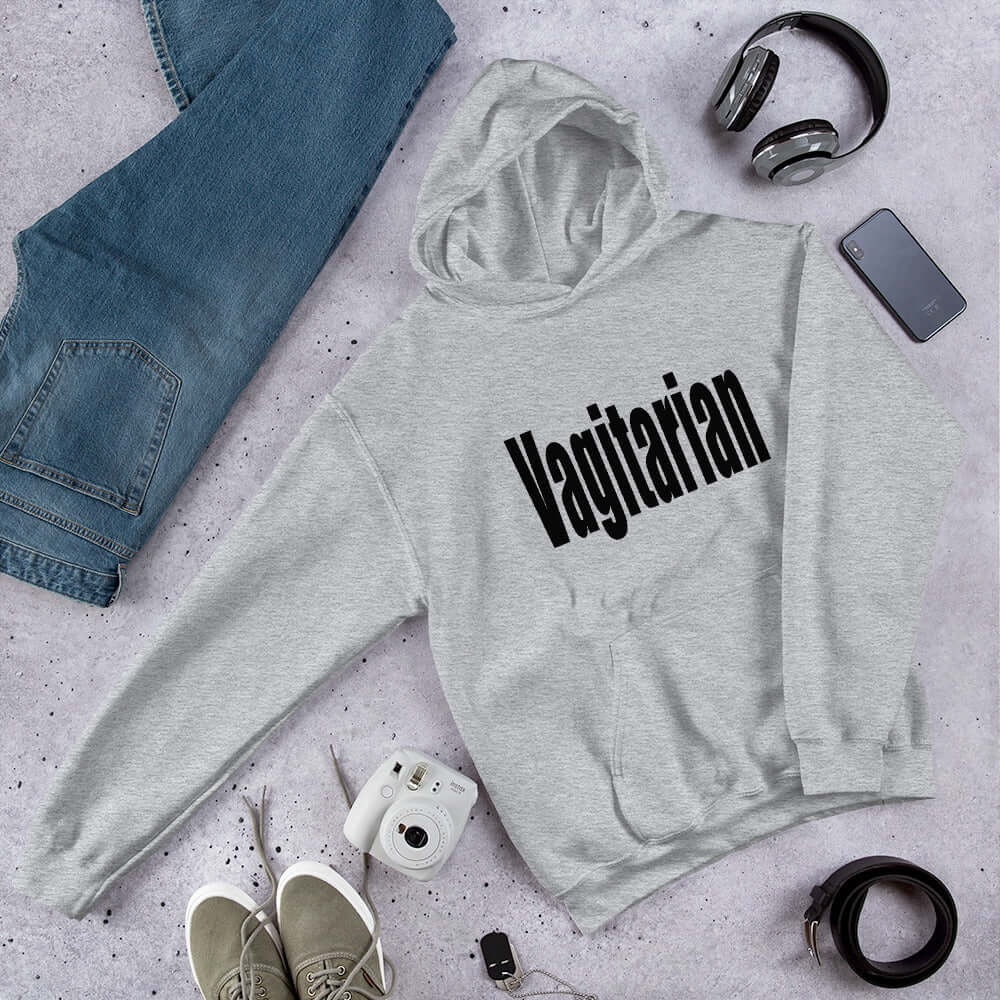 Sport grey hoodie sweatshirt with the word Vagitarian printed on the front.