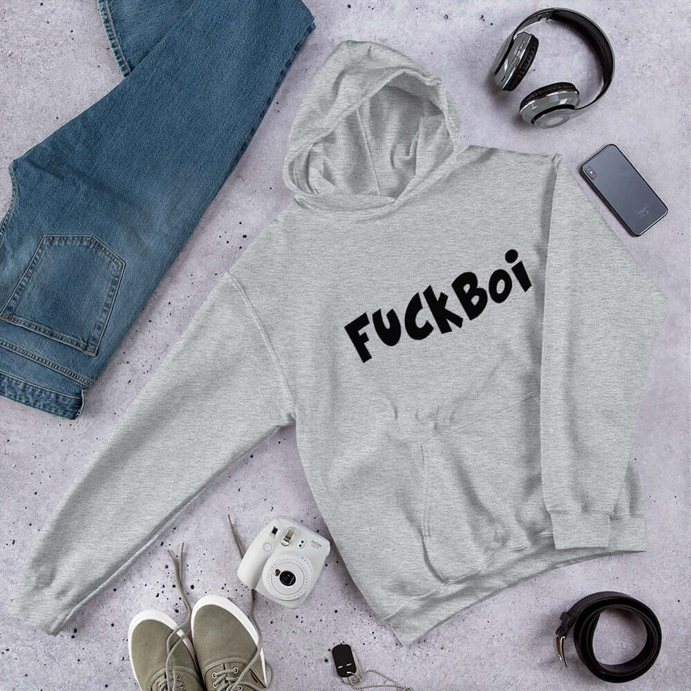 Light grey hoodie sweatshirt with the word Fuckboi printed on the front.