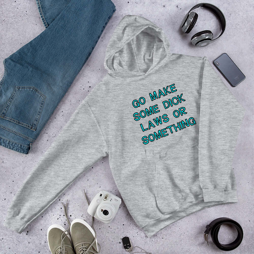 Light grey hoodie sweatshirt with the words Go make some dick laws or something printed on the front. The text is turquoise with black outline.