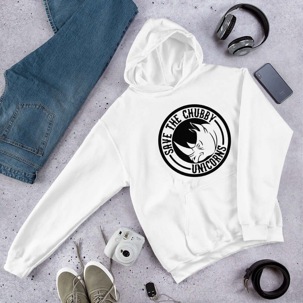 White hoodie sweatshirt with a funny graphic of a rhinoceros & the words Save the chubby unicorns printed on the front.