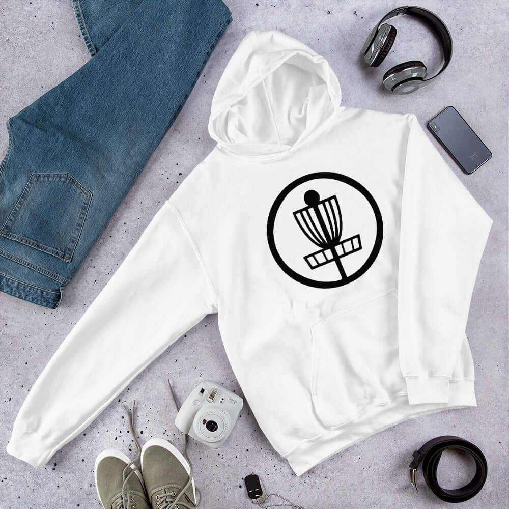 White hoodie sweatshirt with image of disc golf basket silhouette with a circle around it printed on the front.