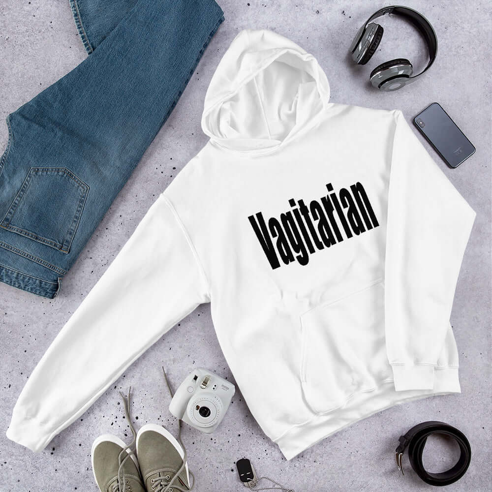 White hoodie sweatshirt with the word Vagitarian printed on the front.