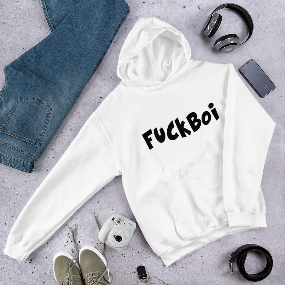 White hoodie sweatshirt with the word Fuckboi printed on the front.