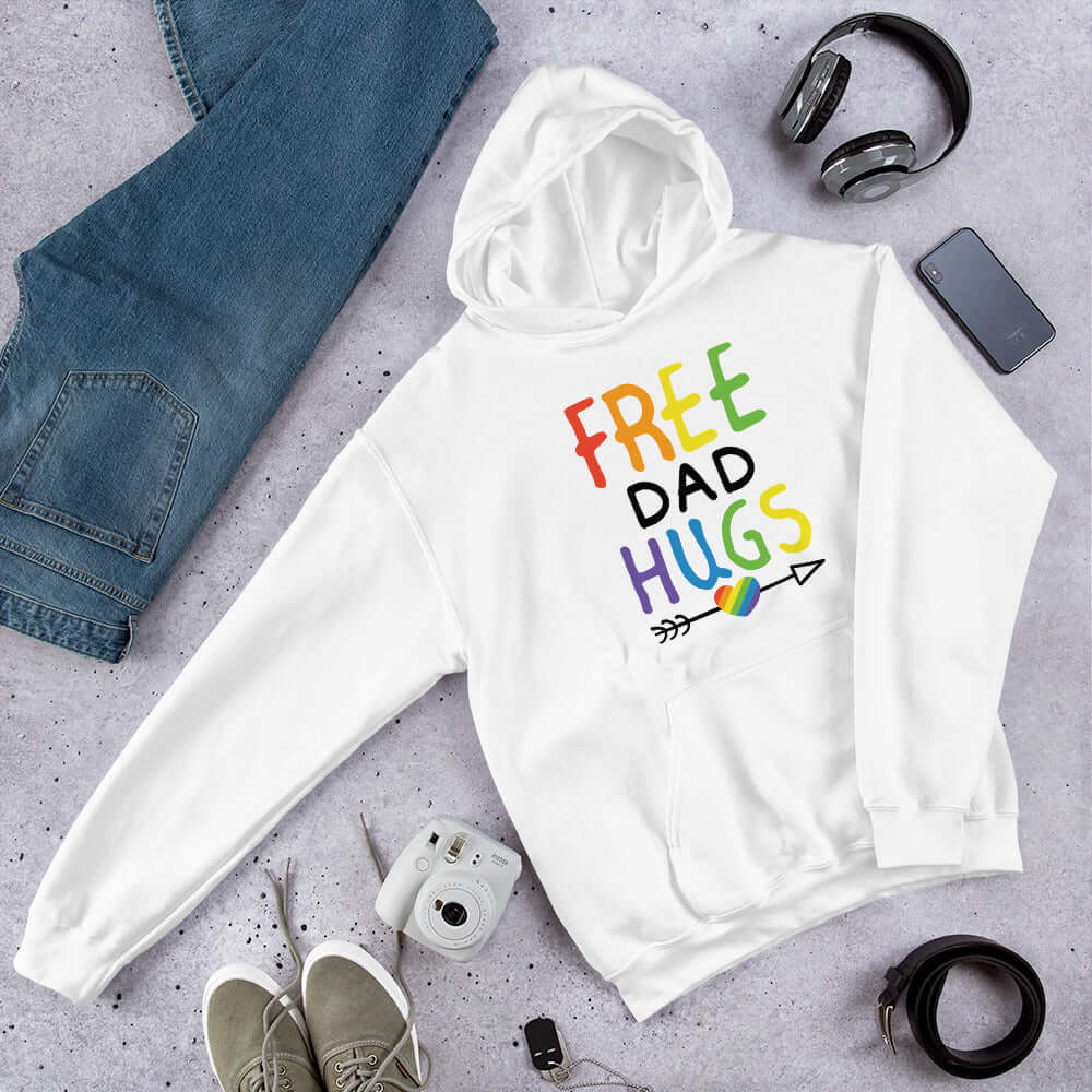 Free Dad hugs LGBTQ supportive parent rainbow hoodie hooded sweatshirt.