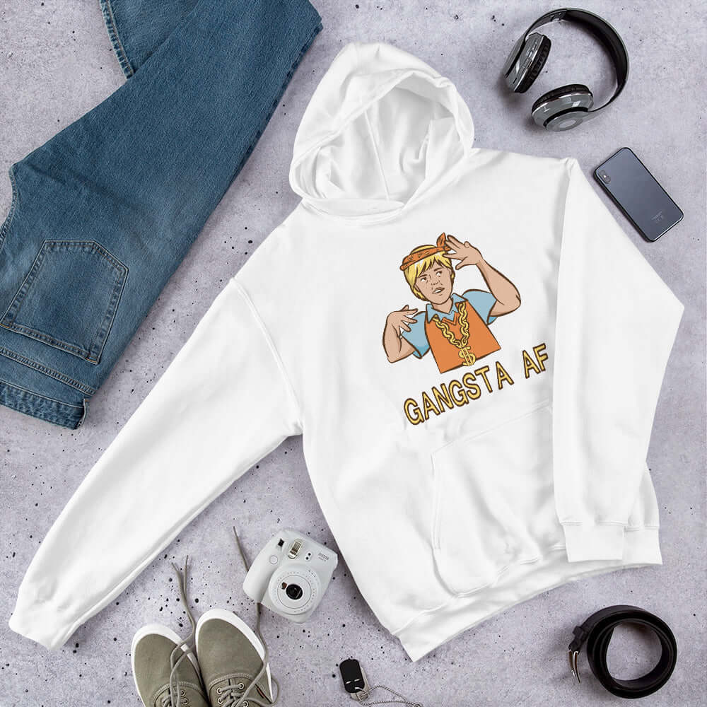 White hoodie sweatshirt with a parody image of a blond haired child trying to be a gangster with the words Gangsta AF printed on the front.