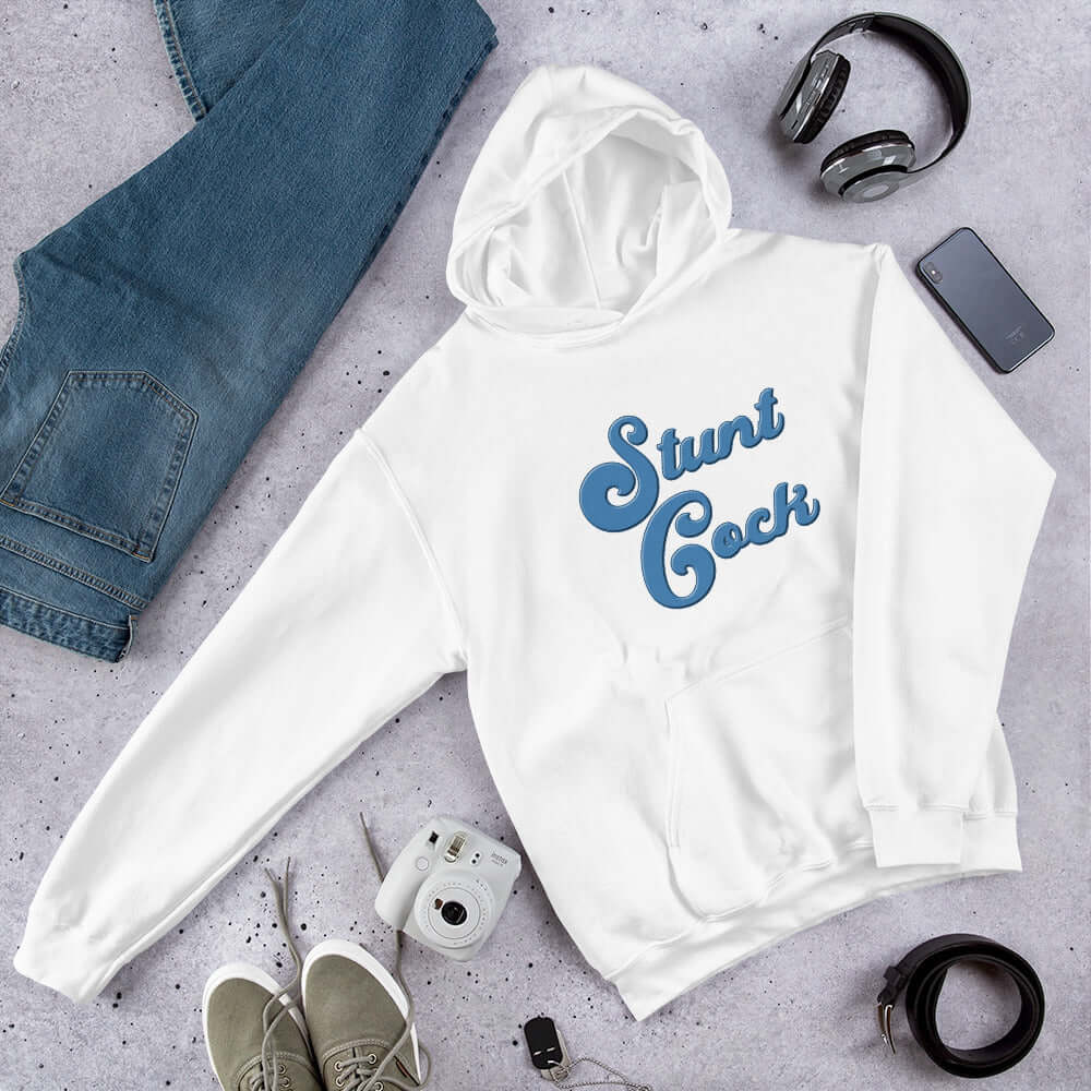 White hooded sweatshirt with the words Stunt Cock printed on the front in blue.