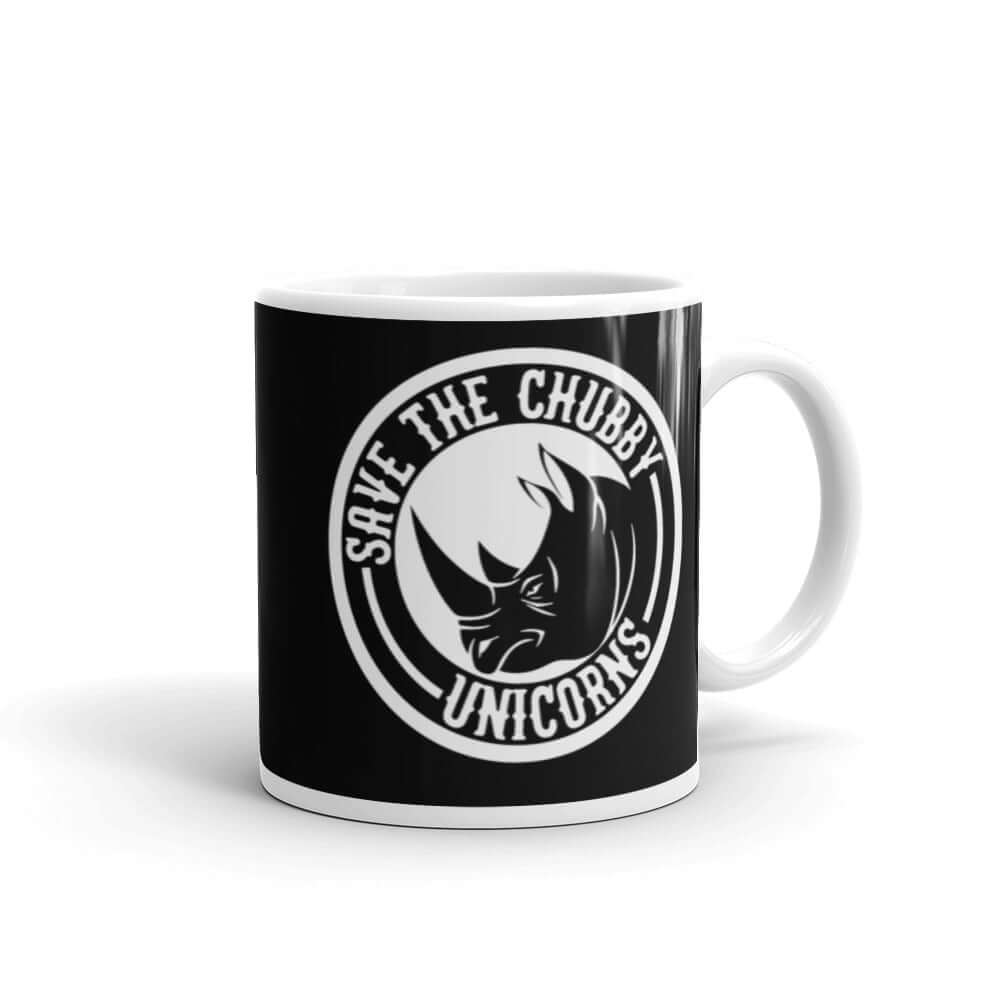 Black and white ceramic mug with a funny graphic of a rhinoceros & the words Save the chubby unicorns printed on both sides.