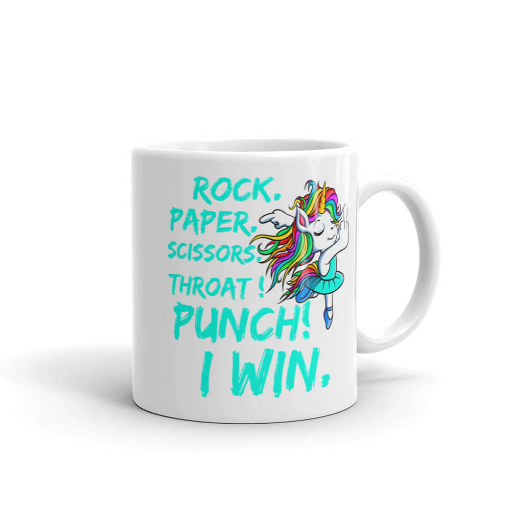 Rock paper scissors throat punch funny unicorn mug
