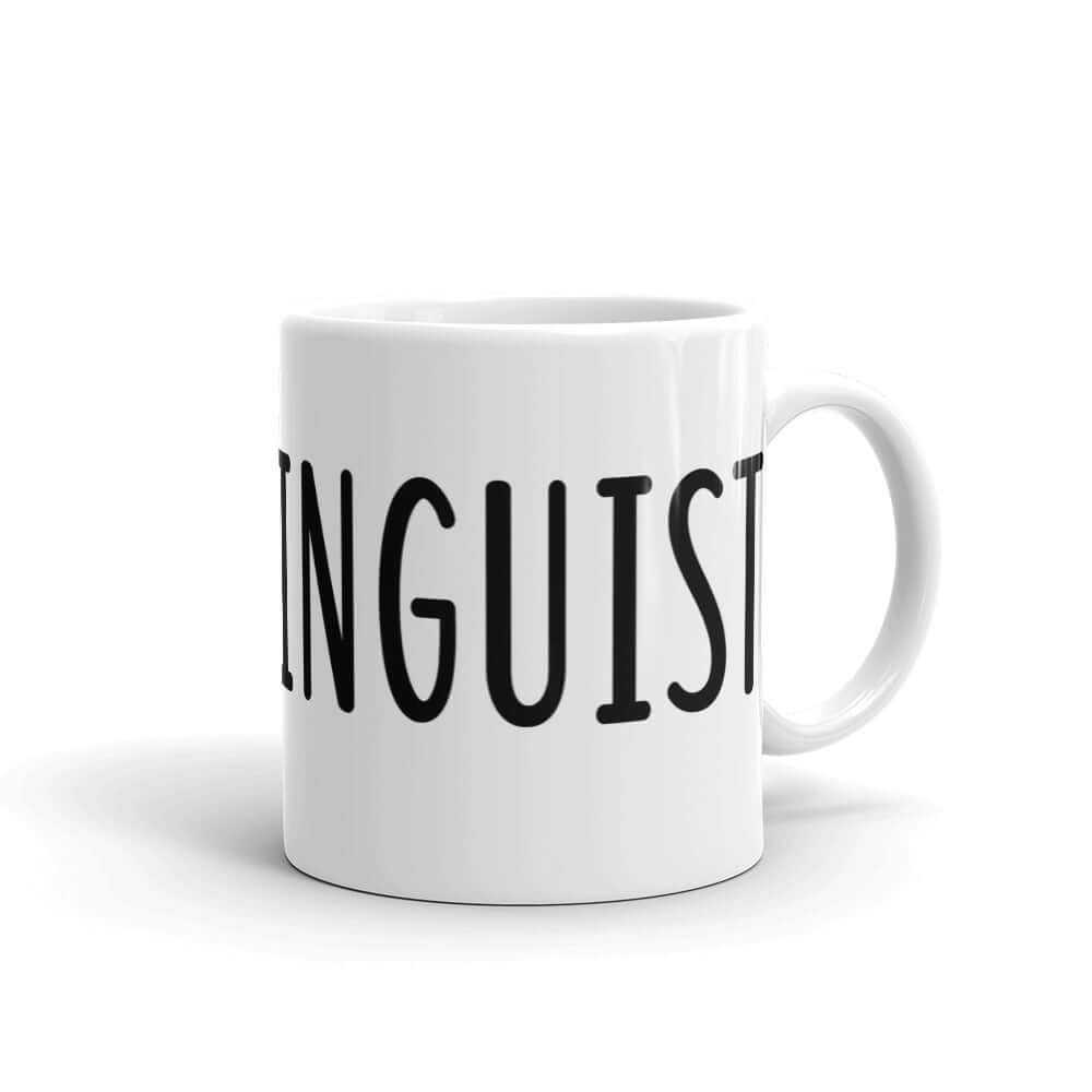 White ceramic coffee mug with the word Cunnilinguist printed on it. The word wraps all around the mug. 