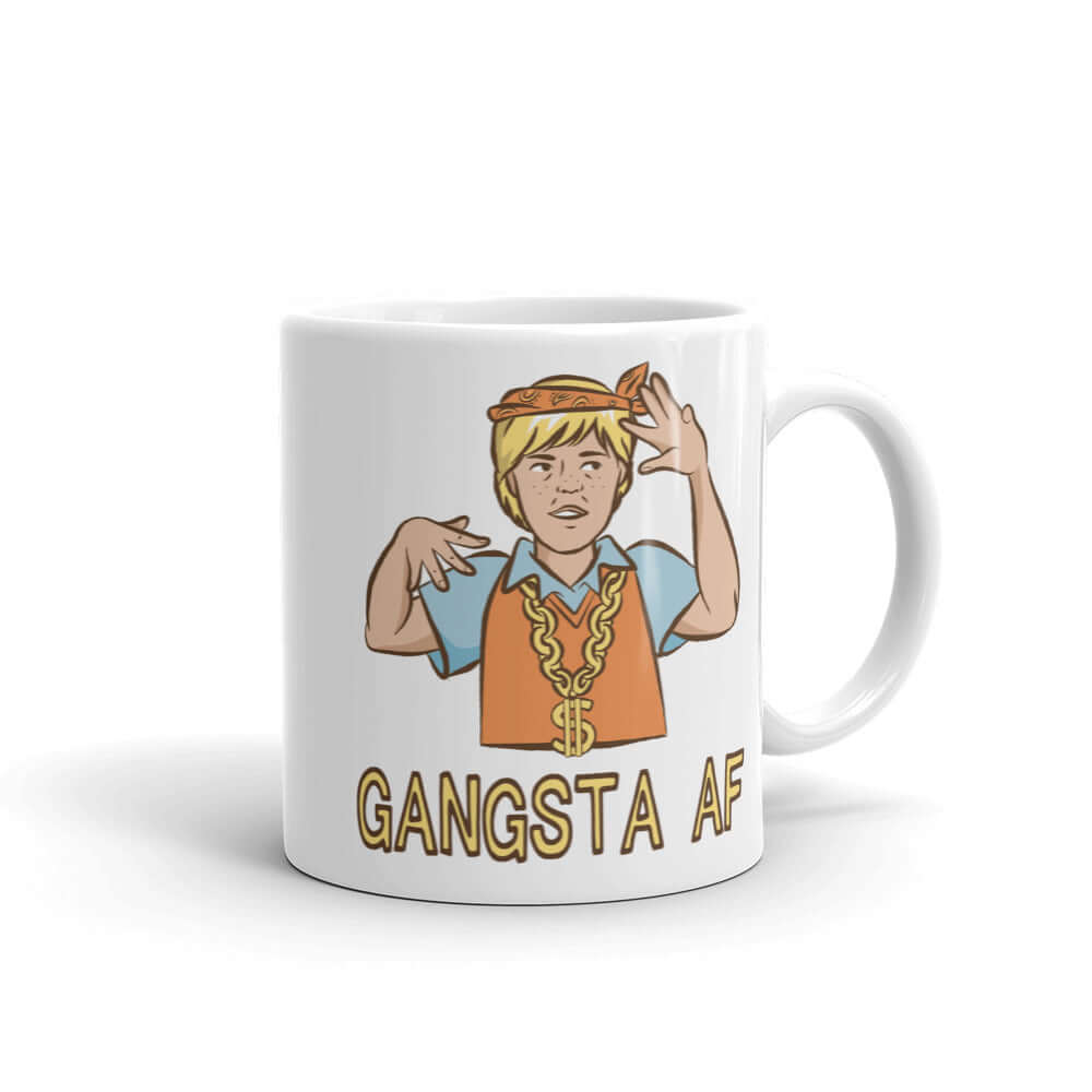 White ceramic mug with a parody image of a blond haired child trying to be a gangster with the words Gangsta AF printed on both sides.