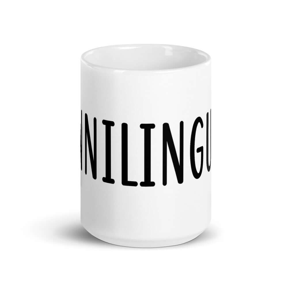 White ceramic coffee mug with the word Cunnilinguist printed on it. The word wraps all around the mug. 