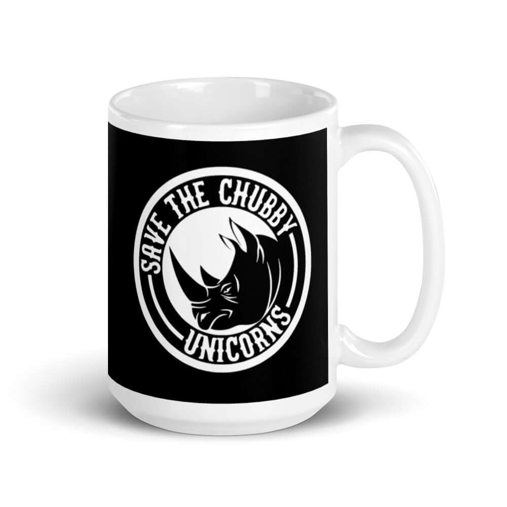 Black and white ceramic mug with a funny graphic of a rhinoceros & the words Save the chubby unicorns printed on both sides.