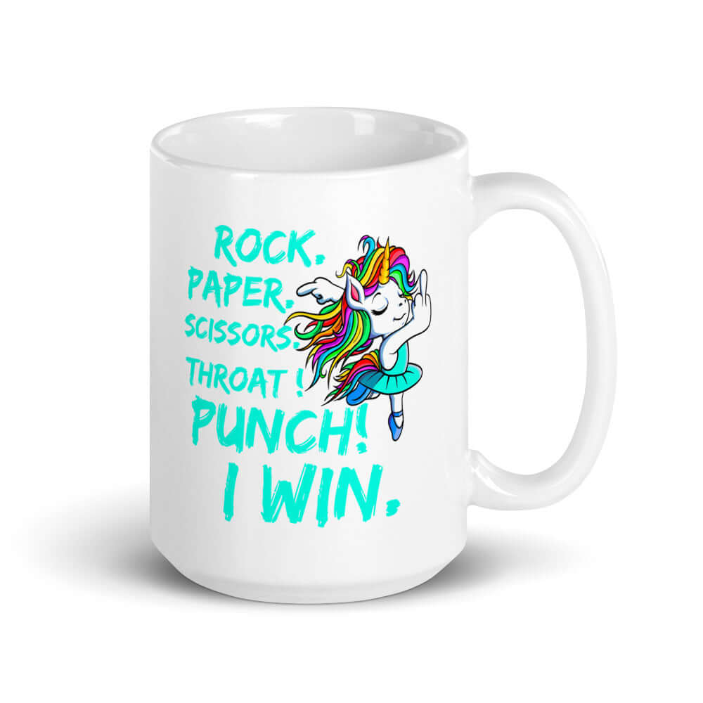 Rock paper scissors throat punch funny unicorn mug