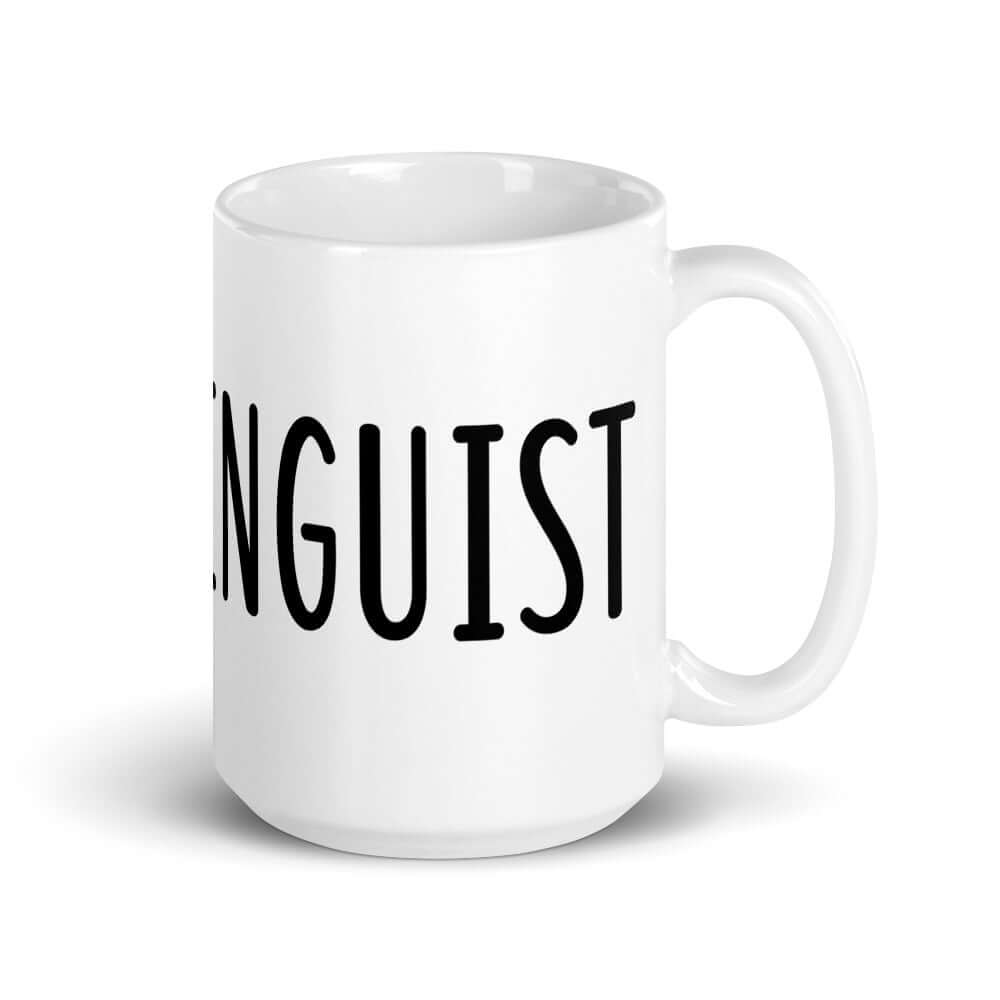 White ceramic coffee mug with the word Cunnilinguist printed on it. The word wraps all around the mug. 