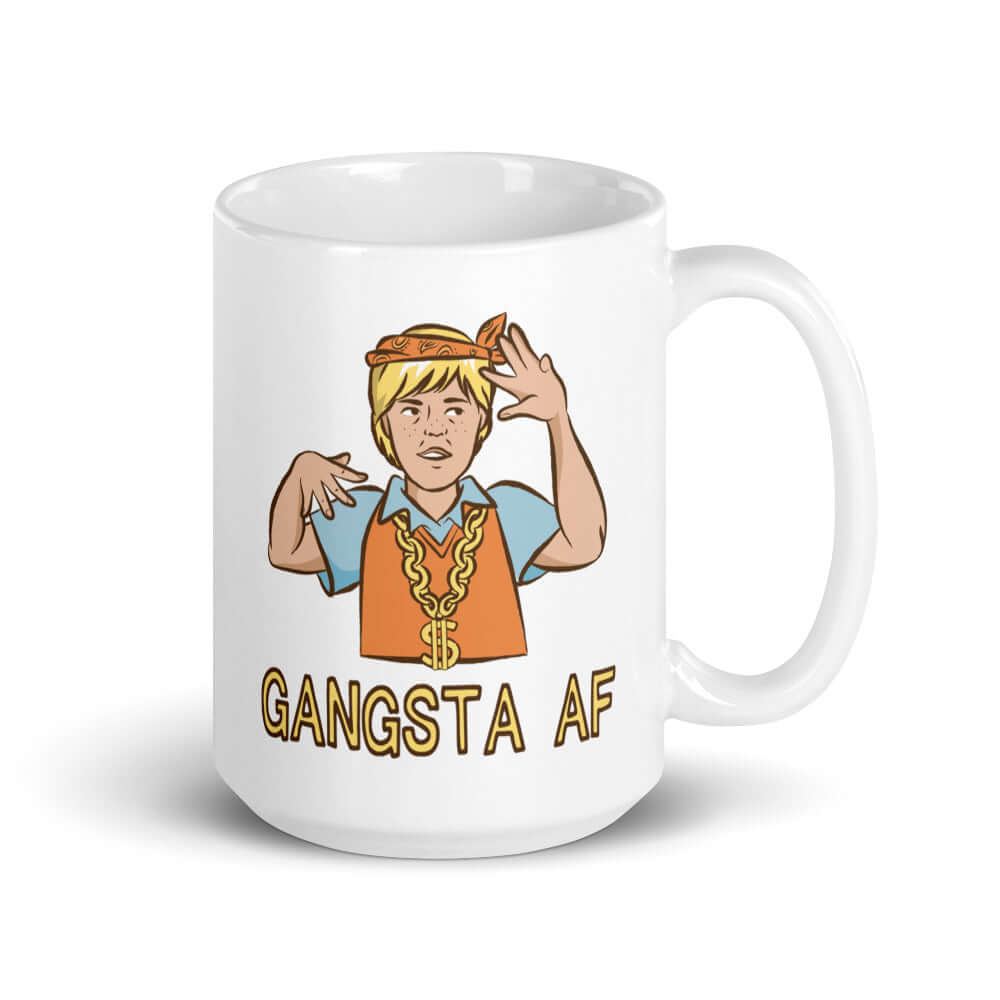 White ceramic mug with a parody image of a blond haired child trying to be a gangster with the words Gangsta AF printed on both sides.