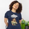 Woman wearing a navy blue t-shirt with an image of a busty pin-up lady with thought bubble that says 'I wish I had serotonin instead of these huge tits' printed on the front.