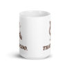 White ceramic mug with an image of a pigeon and the words 'That's coo.' printed on both sides.