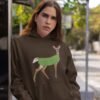 Man wearing dark chocolate brown dildo pun hoodie sweatshirt with funny image of a doe deer with a dill pickle body printed on the front.