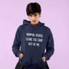 Woman wearing navy blue hoodie sweatshirt with the text 'Normal people scare the crap out of me' printed on the front.