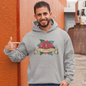 Man wearing light grey hoodie sweatshirt with funny image of an old school rose flash tattoo with the words 'No ragrets' intentionally misspelled.